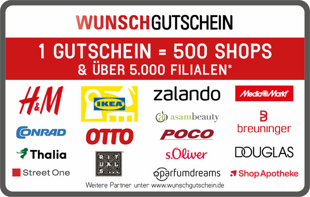 WUNSCHGUTSCHEIN Karte: 1 Gutschein = 500 Shops